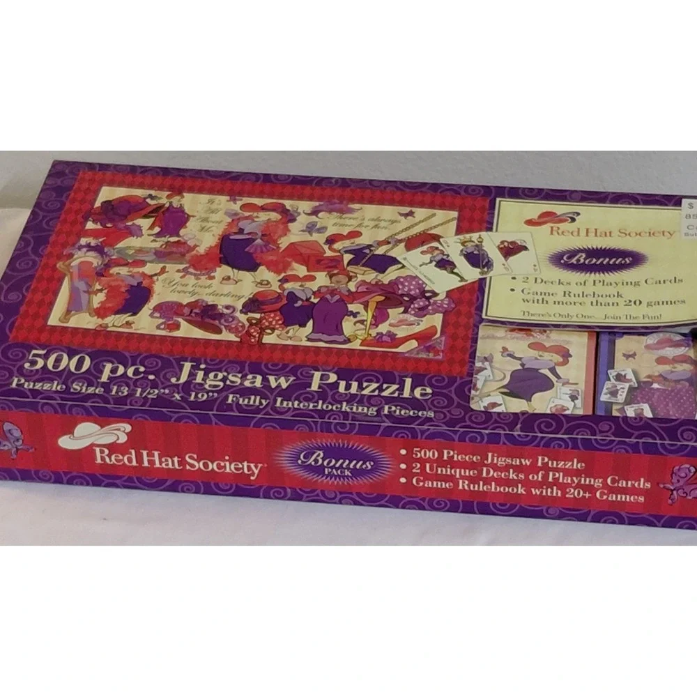 Red Hat Society Bonus Pack 500 Piece Jigsaw Puzzle & 2 Playing Card Decks NIB